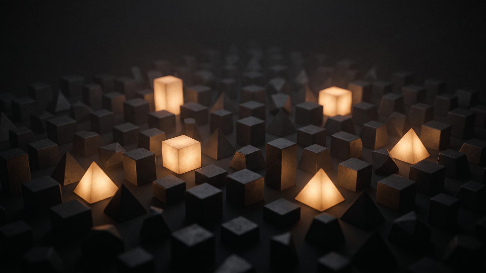 A dense field of dark geometric blocks in shadow, with five lit from within in warm amber