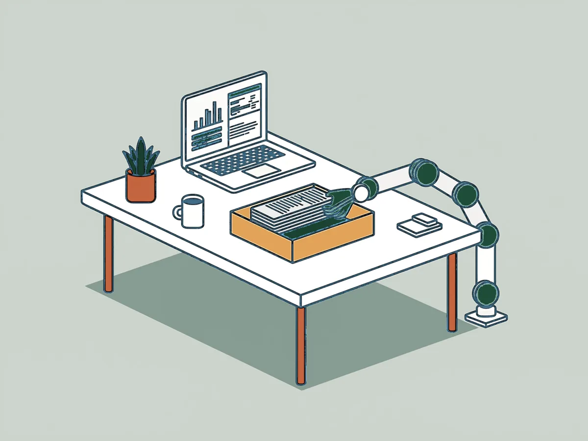 Illustration of a tidy desk where a small robot arm places the last document on a finished stack