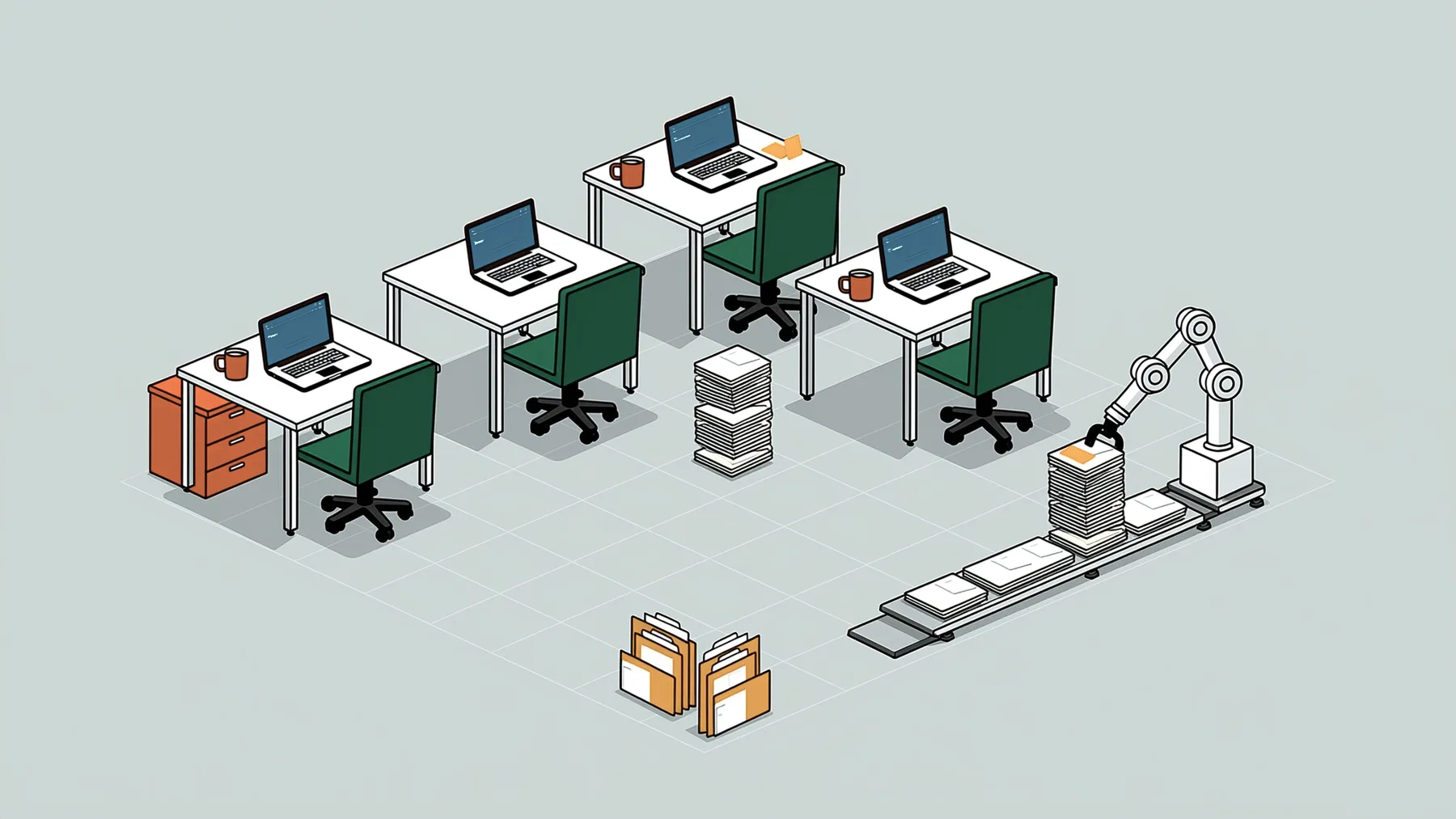 Illustration of an office where a small robot arm moves paperwork onto a conveyor into a laptop
